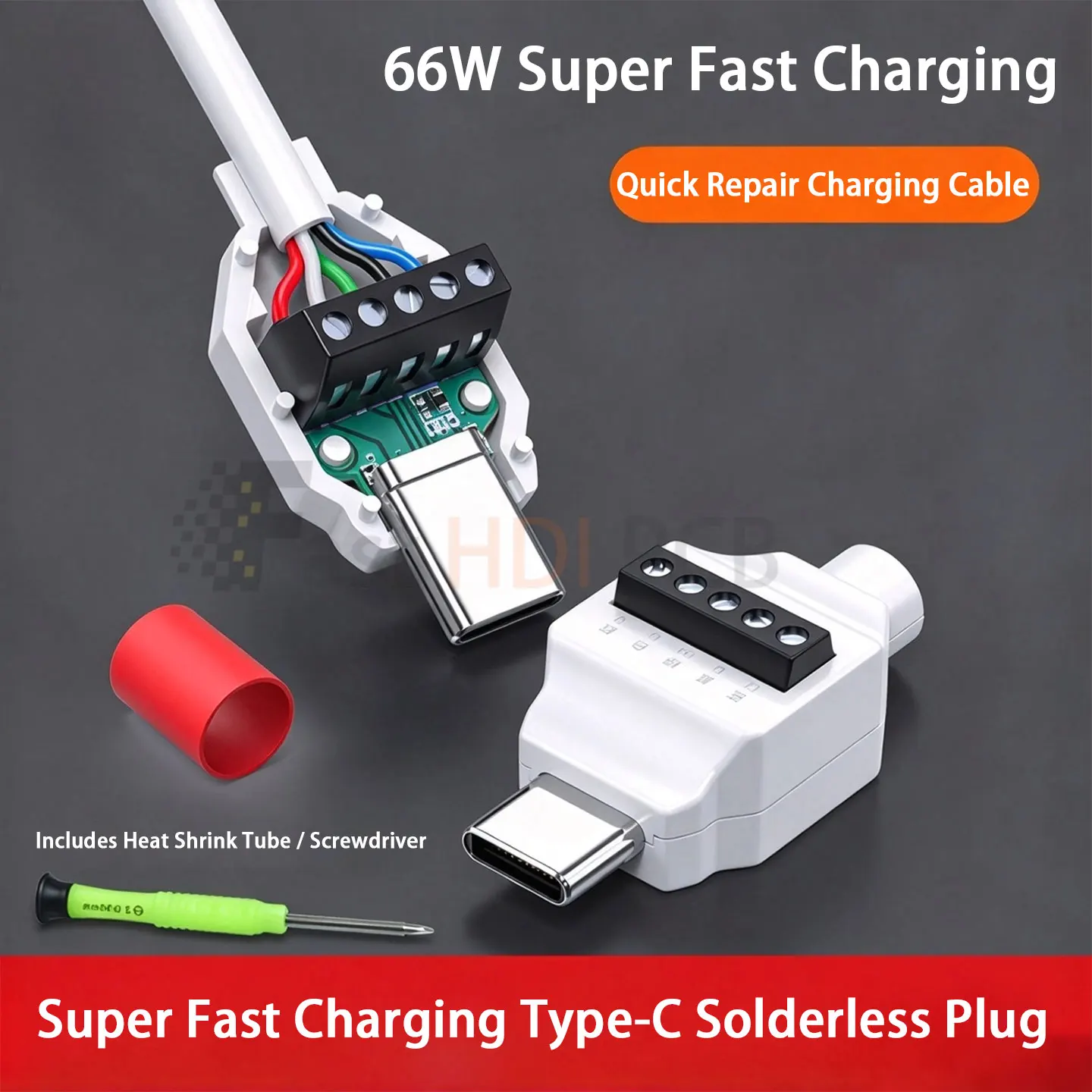 USB Type-C Solderless Connector 4P 5P 66W Fast Charging Plug Repair Kit Screw Terminal for USB-A to C / C to C Cable DIY Data