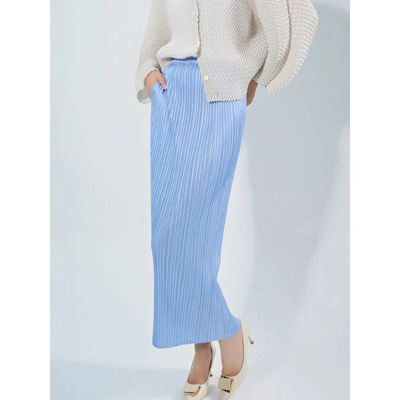 

Miyake Pleated Skirt Women Elastic Waist Straight Solid Color New Spring 2024 Versatile Elegant Lady Casual Clothing