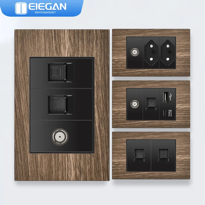ELEGAN Wood Grain Panel Black Brazil Standard Series Combination Socket Switch Universal Wall Computer TEL TV Socket 118mm*74mm