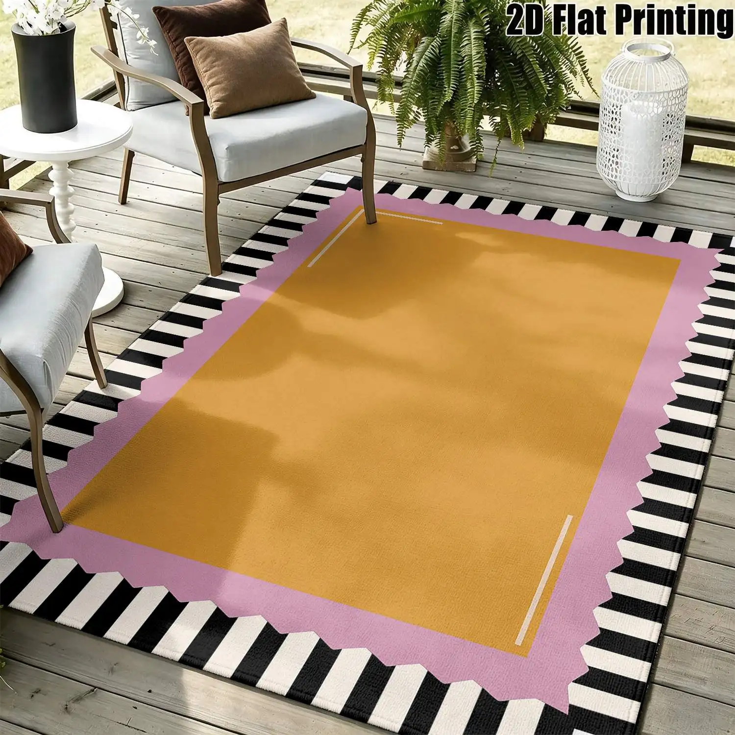 1Pc 2D Printed Carpet: Pink-Yellow-Black Striped Geometric Nordic/Instagram-Style Modern Minimalist Abstract Art Floor Mat, Home Decor, Multi-Size, Machine Washable, for Entrance, Dining Room, Foyer, Bedroom, Living Room