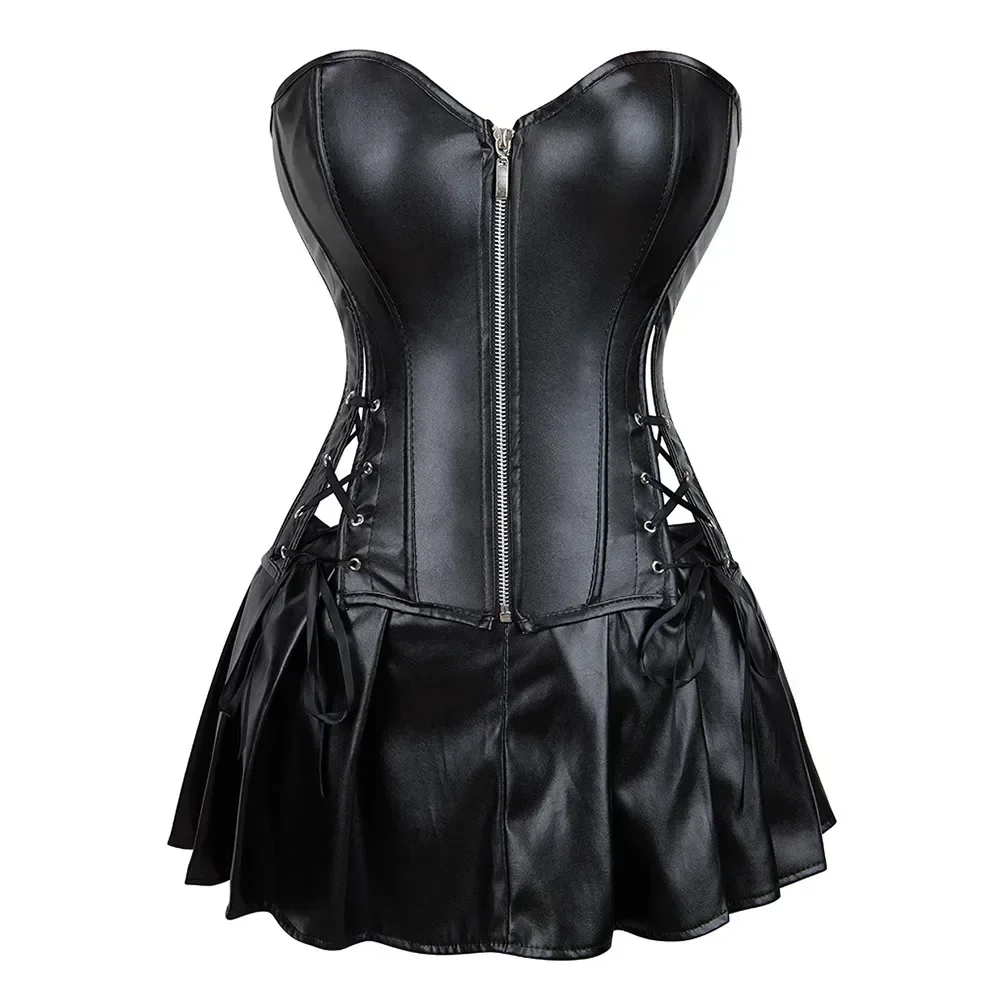 

Women Faux Leather Corsets Overbust Zipper Front Boned Bustier Corselet Dress Top With Skirt Plus Size