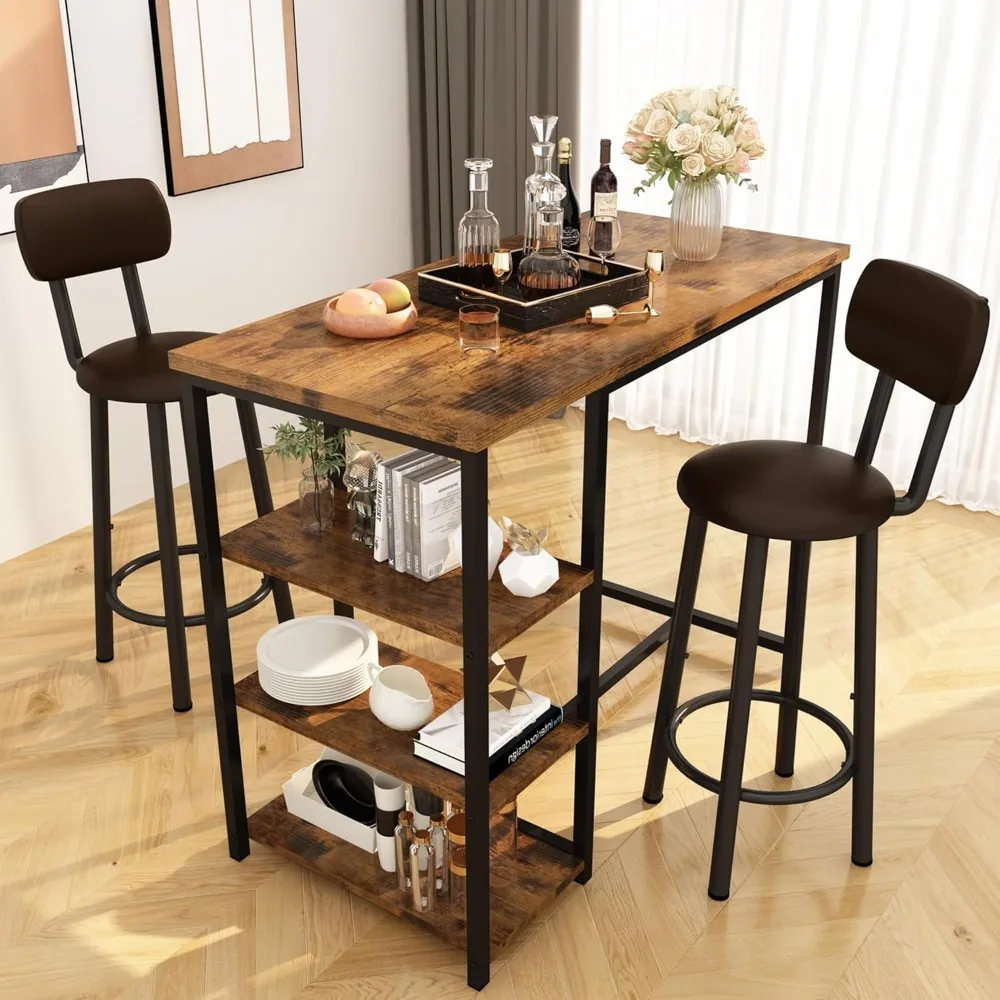 

Dining Table Set for 2, Counter Height Pub Table with 2 PU Leather Widen Backrest Bar Stools & 3 Storage Shelves, Bar Chairs Set