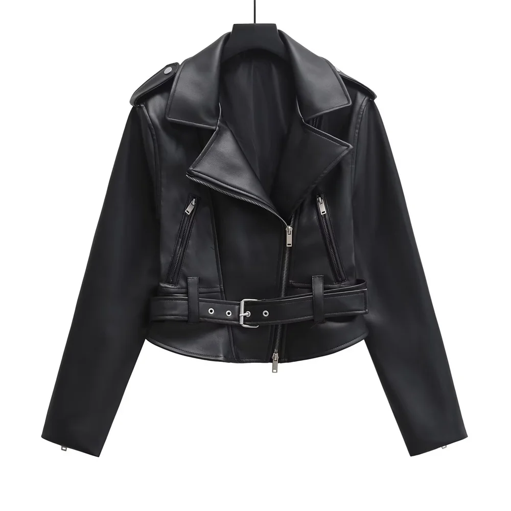 TRAF 2024 Autumn New Product Women\'s Flip Collar Long Sleeve Zipper Decoration Belt Leather Motorcycle Jacket Coat