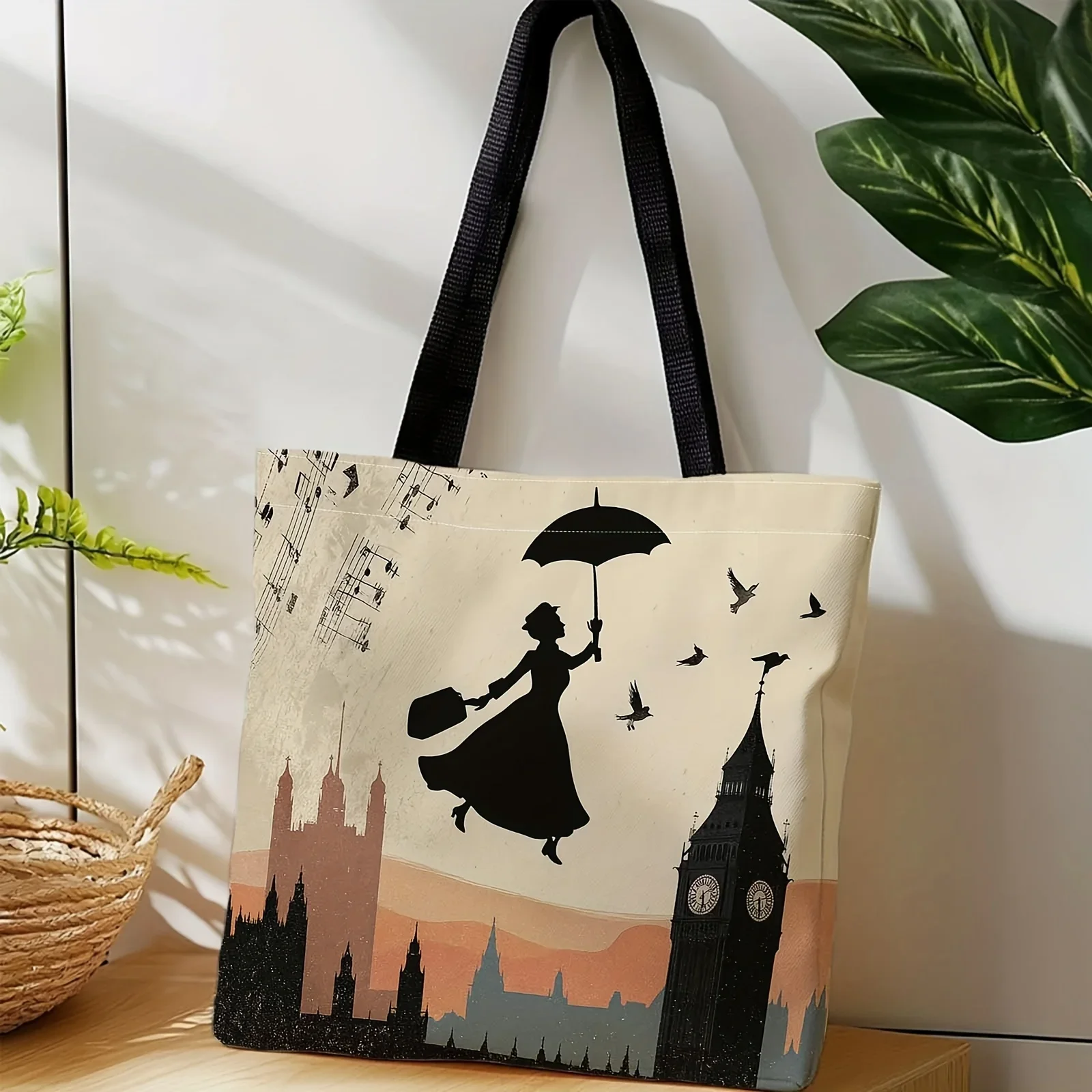 Shopping Bags Canvas Printing Large Capacity Tote Bag with Victorian London Print (Big Ben, Mary Poppins Umbrella) - Reusable