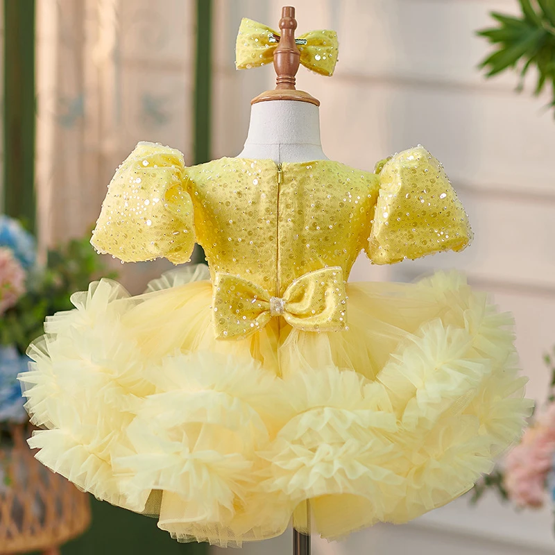 Vestido de desfile de princesa con lazo y lentejuelas para niños pequeños, vestido de tul con volantes para niñas, vestidos de fiesta de cumpleaños hasta la rodilla