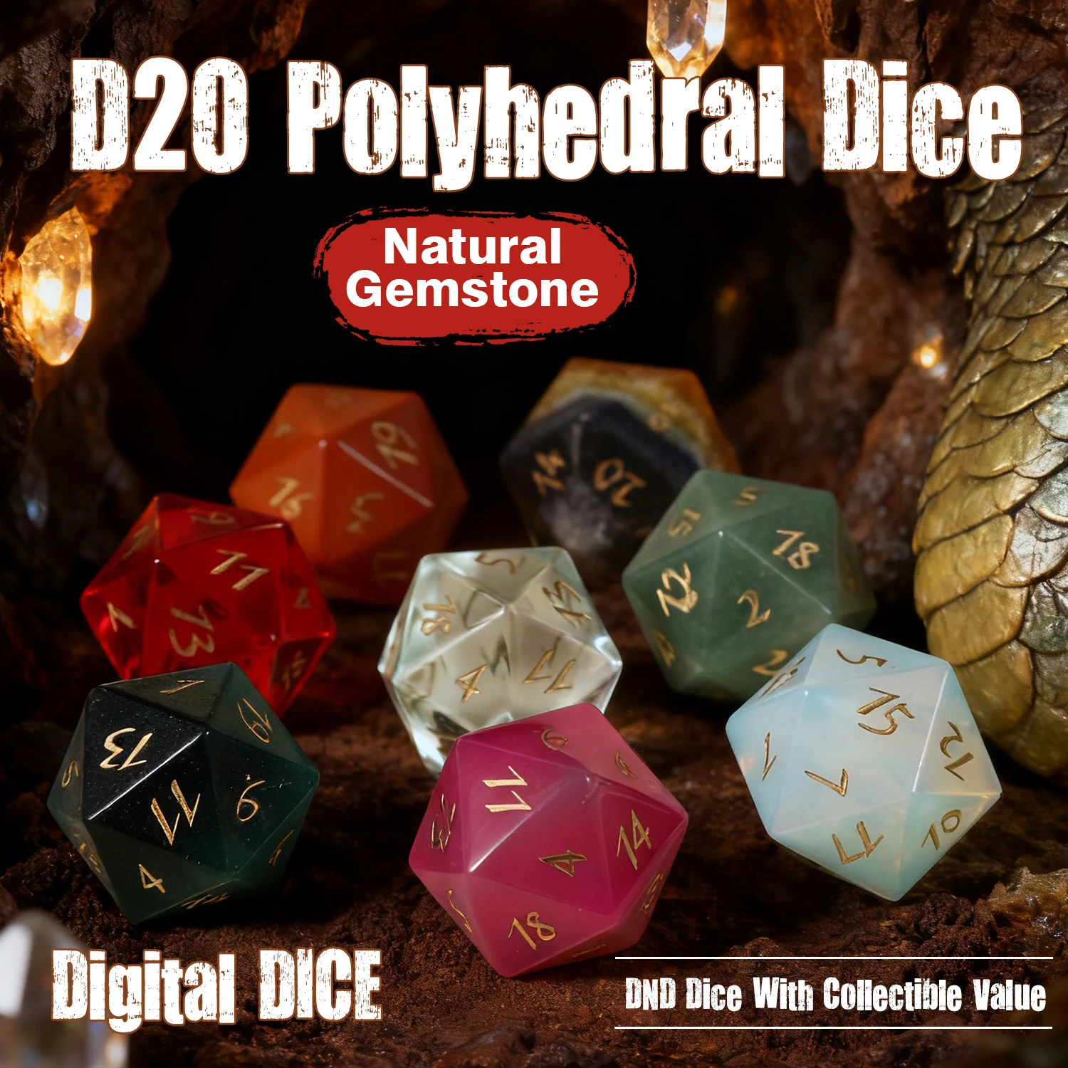 Multidimensional Cube D20 Sided Digit Number Dice Icosahedral Crystal Quartz Agate Gemstone Polyhedral Dice DND RPG Game Dice