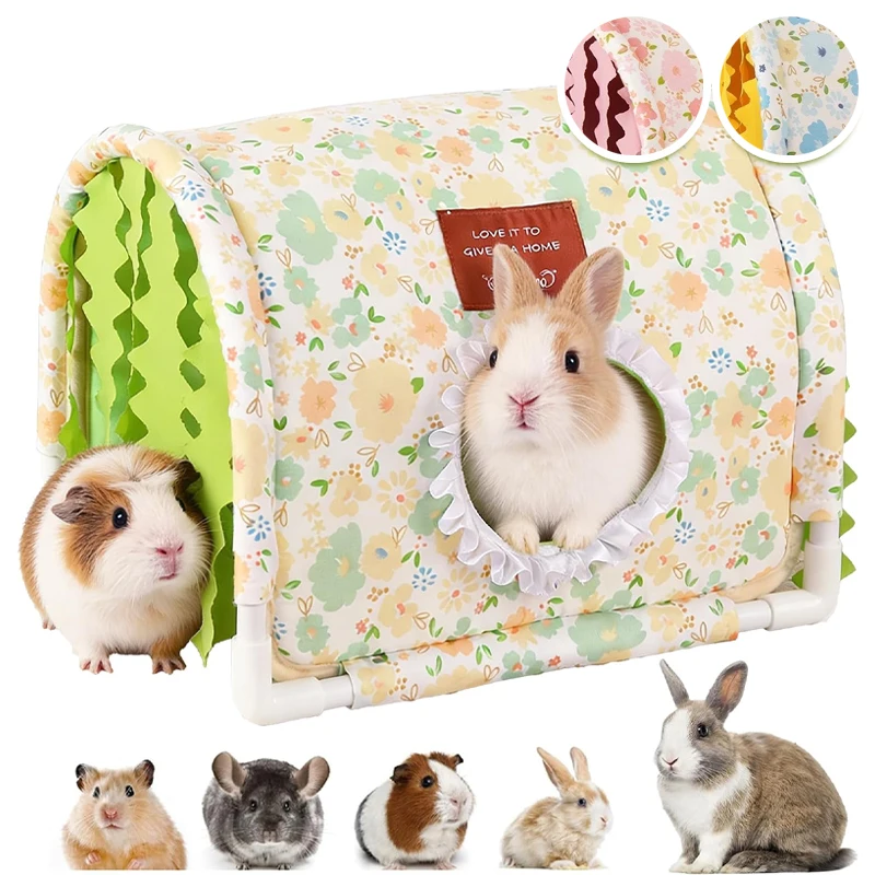 Small Animal Tunnel Hideaway House Soft Spacious Pet Sleeping Cave with Curtain Stable Frame Shelter for Guinea Pig Dwarf Rabbit