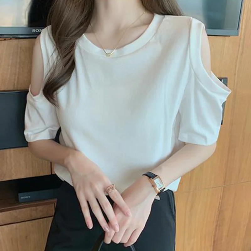 Stylish O-Neck Solid Color All-match Off Shoulder T-Shirt Female Clothing 2023 Summer New Casual Pullovers Tops Korean Tee Shirt