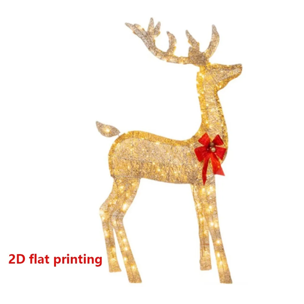 2D Flat Lighted Reindeer Statue Acrylic Golden Reindeer Deer Xmas Luminous Reindeer Crafts With Bow LED Glowing Deer