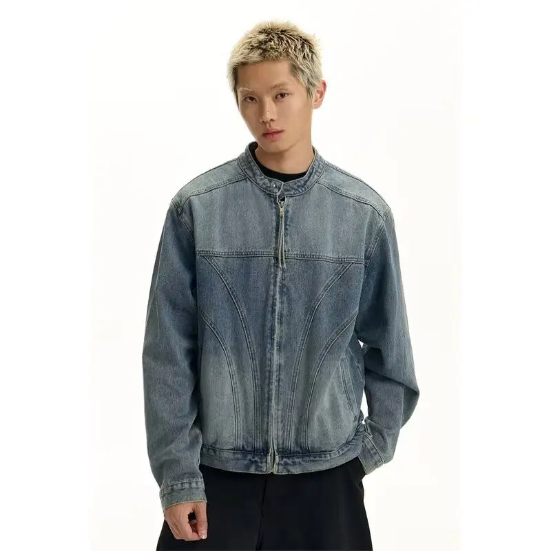 

Retro Waed Dyeing Jeans Jaet Men's Loose Fit Zipper Embroidery Motorcycle Padded oulder Clip-On Coat Stand Sle