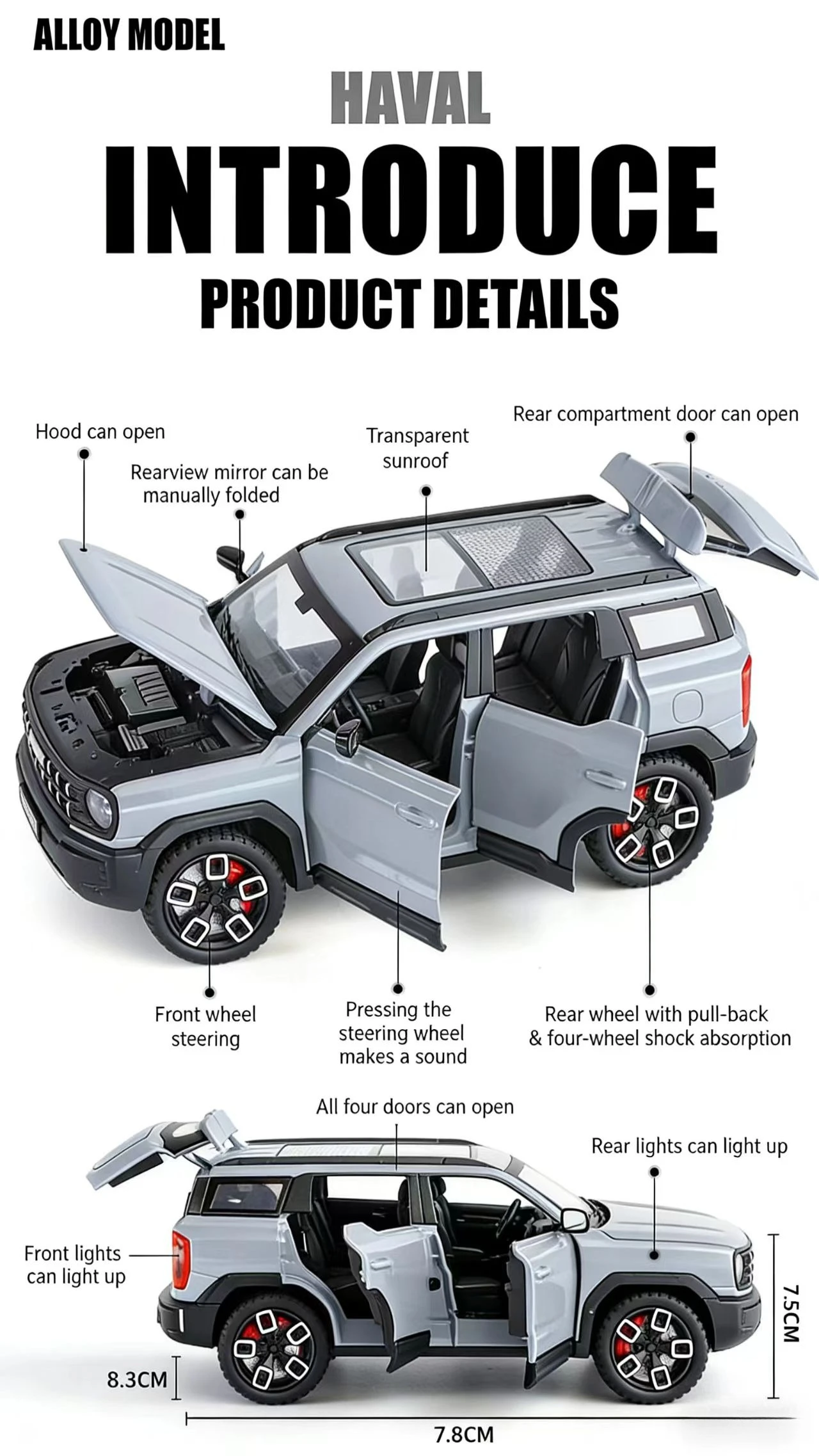 1:24 하발 쿠고 시뮬레이션 합금 장난감 자동차 |   사운드, 라이트 및 풀백 기능을 갖춘 6도어 모델(장식용 장식품)