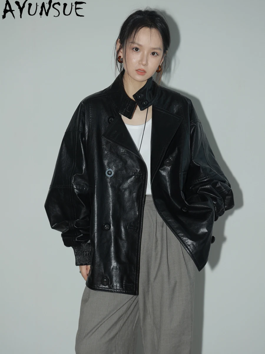 AYUNSUE سترة جلدية حقيقية للنساء 2025 معطف من جلد الغنم الضأن فضفاض مناسب للربيع والخريف ملابس نسائية شمع زيتي Jaqueta De Couro