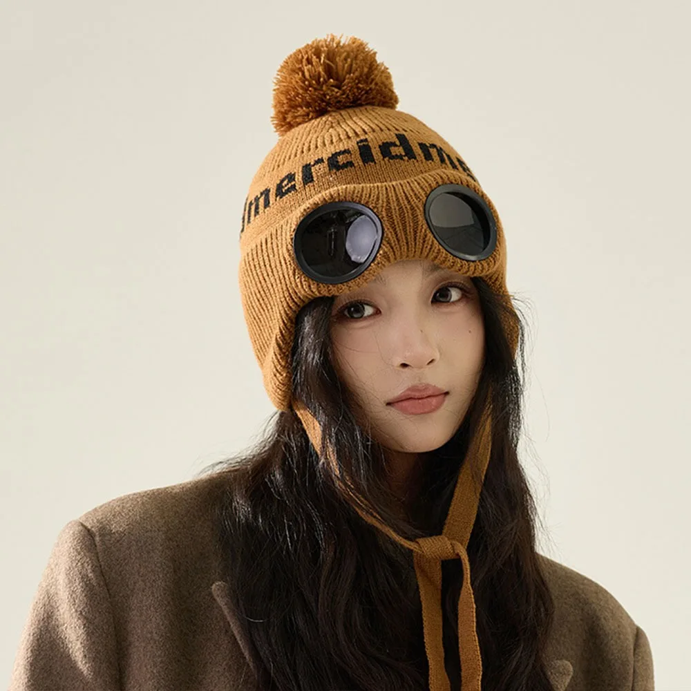 

Fashion Windproof Glasses Knitted Hat Ear Protectors Warm Beanie Hats Cold-proof Hooded Hat Winter
