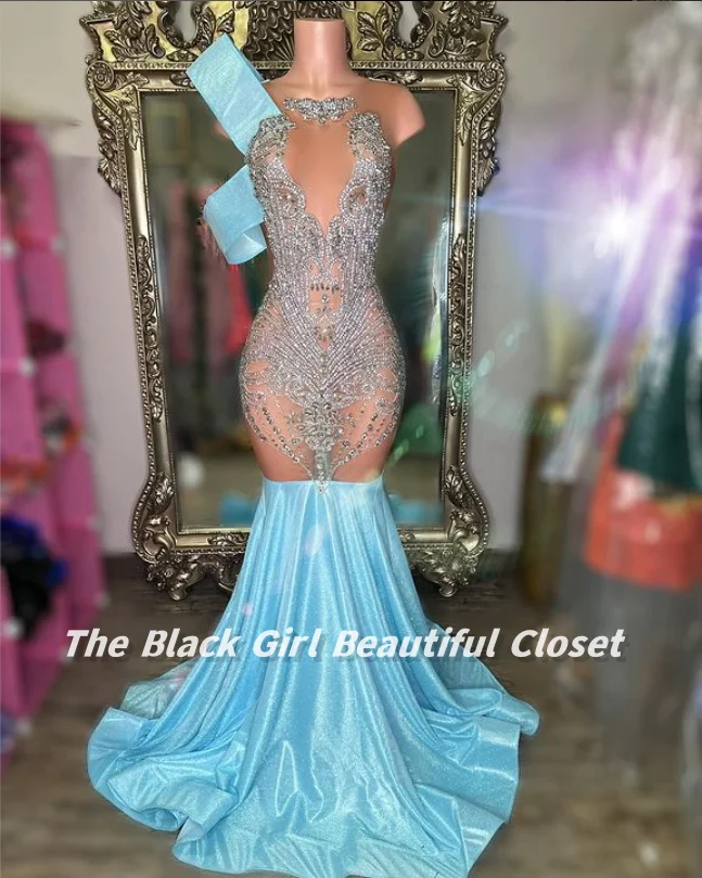 Vestidos de Cóctel azul cielo de lujo para Niñas Africanas, brillantes diamantes de imitación, lentejuelas adornadas, vestidos de fiesta de cumpleaños, vestido con volantes, nuevo