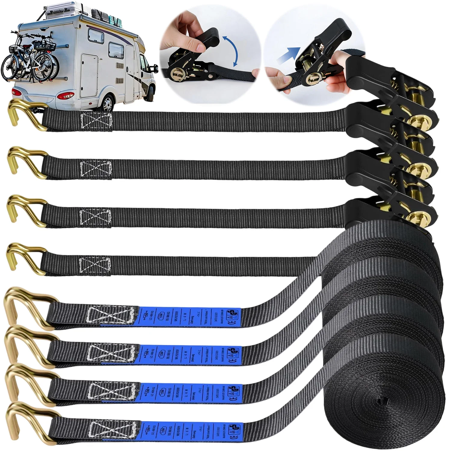 Hochleistungs-4er-Pack Ratschenzurrgurte 6m, Doppel-J-Haken-Design mit 800kg Bruchlast, Sicherheitsgurte für LKW-Anhänger, Motorräder, Kajaks, Autodach.