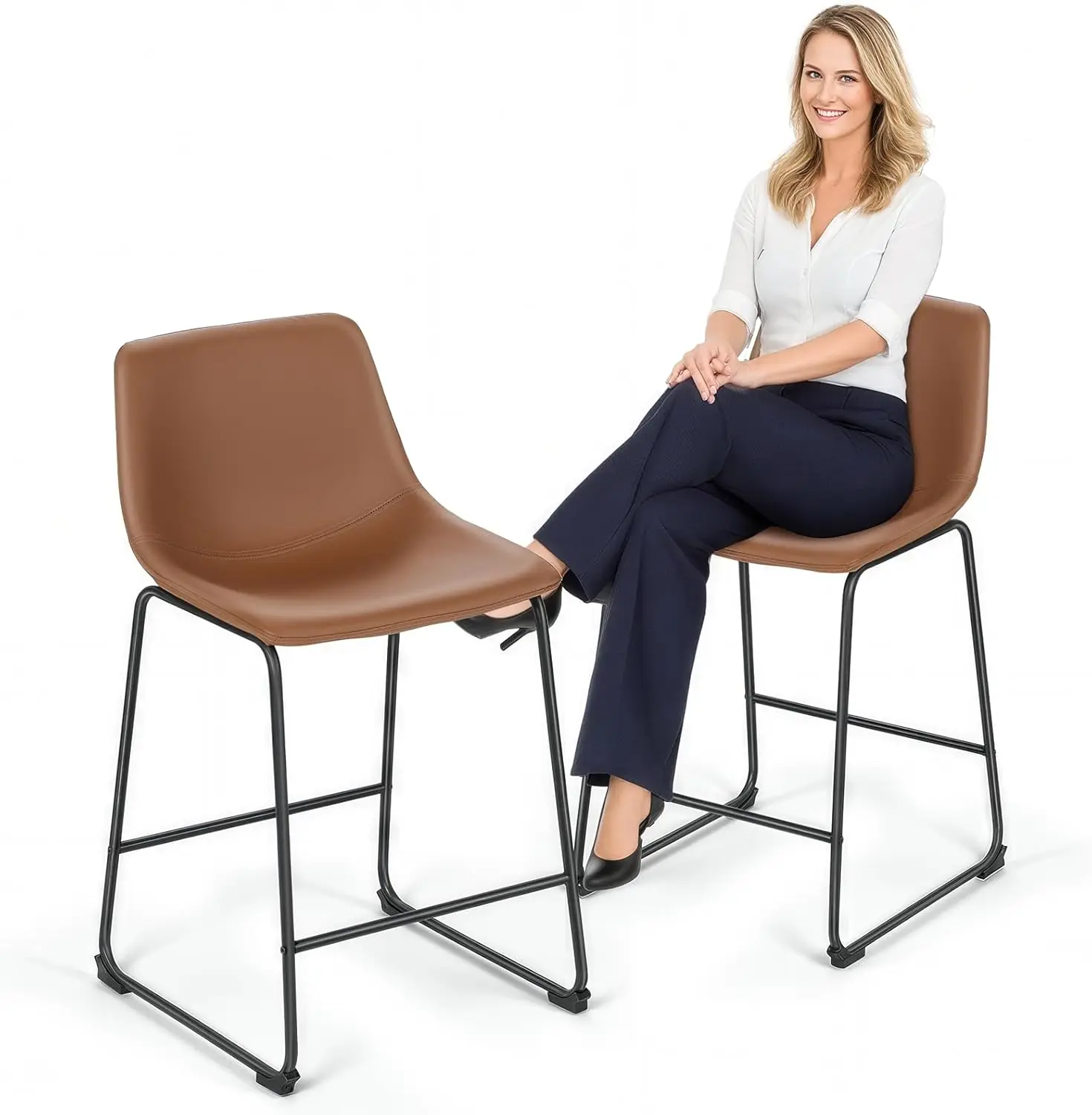 

23'' Counter Height Bar Stools Bar Chairs Set of 2 Modern PU Leather Bucket Chairs with Back Soft Foam Filled Metal Fram