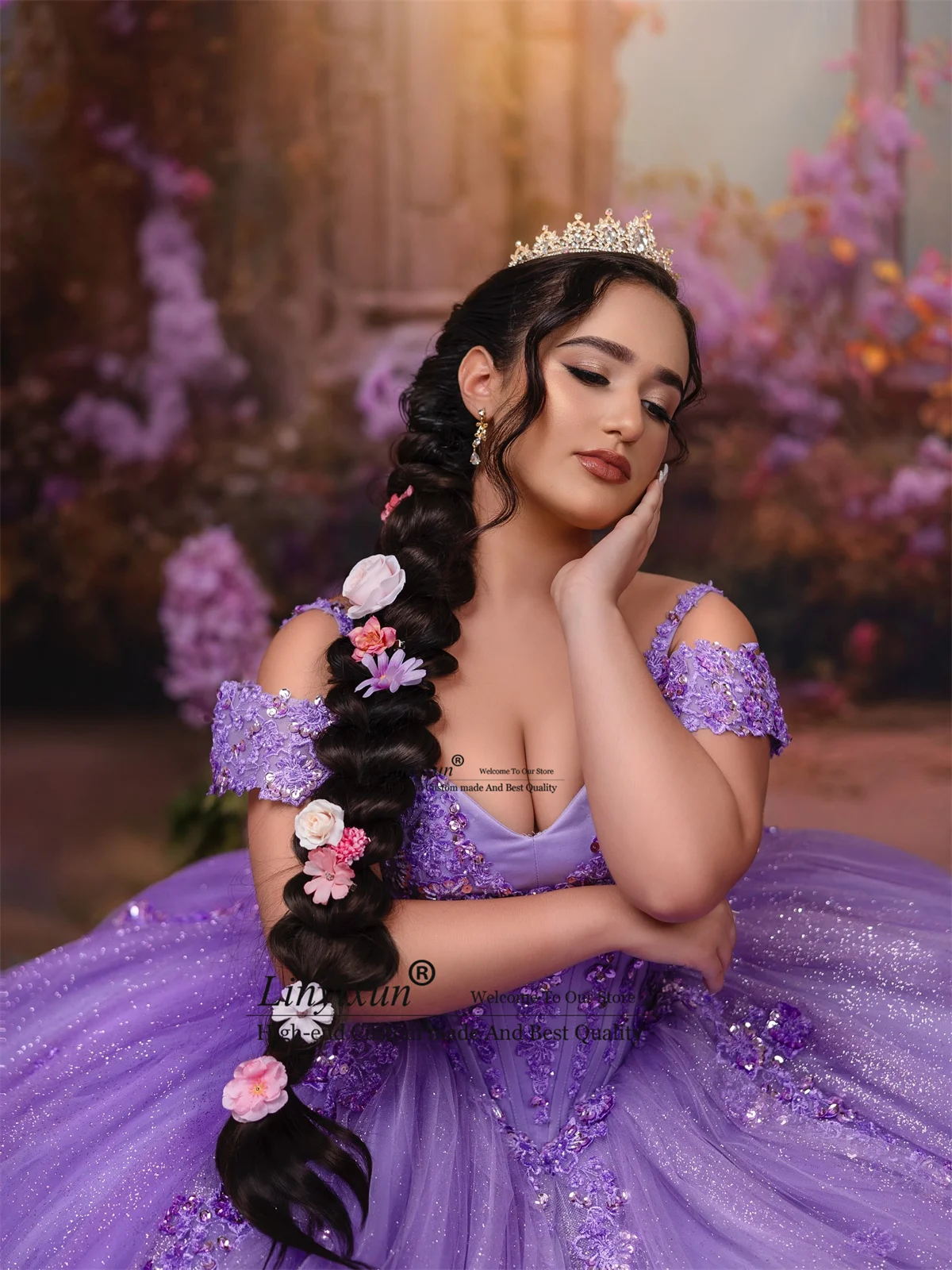 

Блестящие блестки Quinceanera Платья Аппликации Кружева Мексиканский индивидуальный корсет с открытыми плечами Sweet 16, бальное платье Vestidos De 15 Años