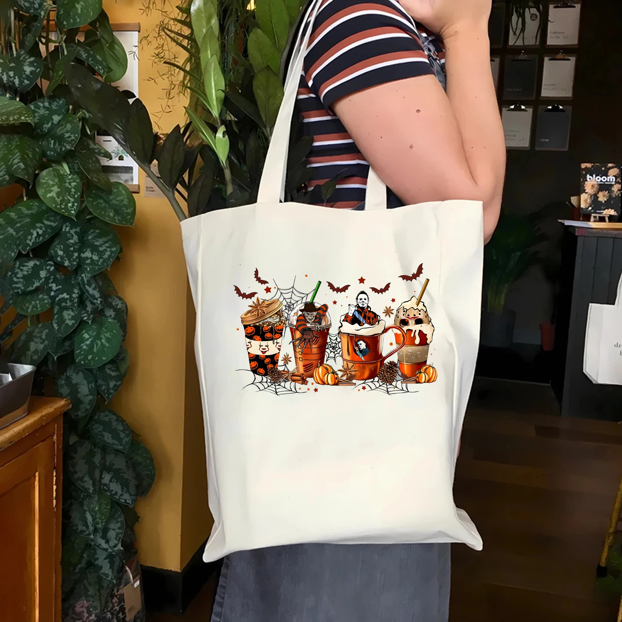 

Skeleton Coffee Cups Fall Canvas tote bag Horror Movie Women's large capacity portable shoulder bag Pumpkin Coffee canvas tote