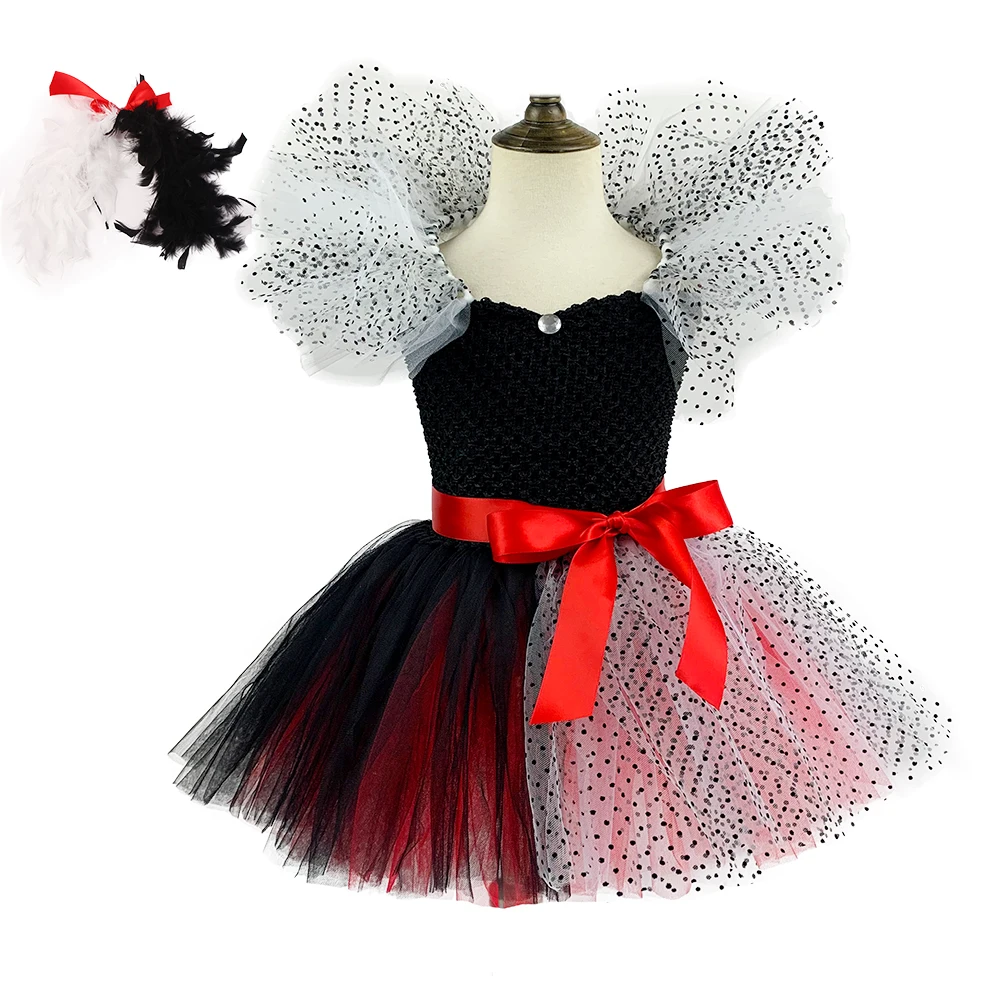 

2022 new Girls Dalmatian Costume with Headband Kids Black and White Tutu Dress Child Villain Cosplay Clothes Christmas Purim 40