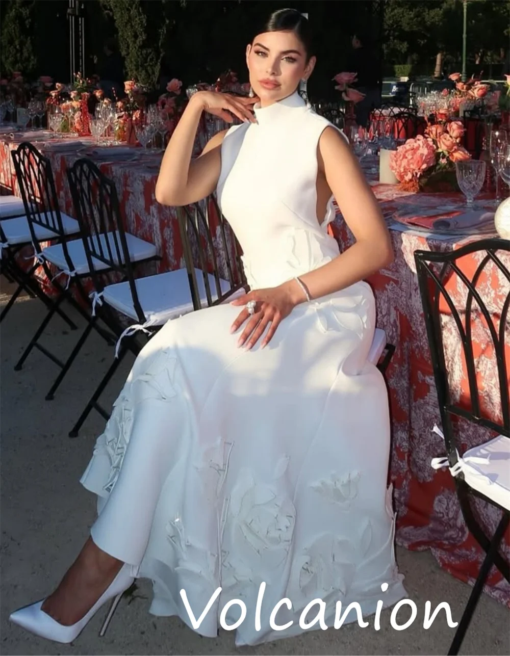 Abiti midi a collo alto a trapezio con pieghe a fiori in jersey casual formale personalizzato Occasioni su misura Elegante retrò