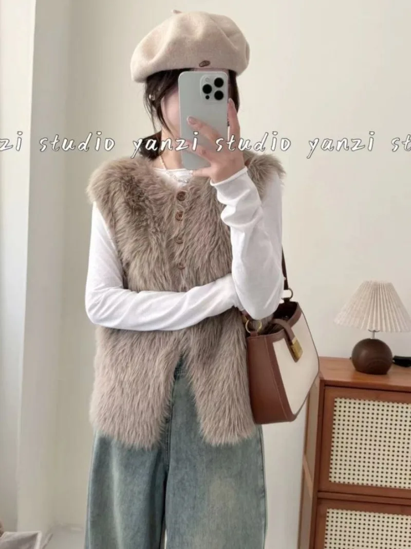 Autumn Winter V Neck Knitted Vest Women Chunky Oversized Faux Mink Fur Cardigan Coat Casual Outerwear