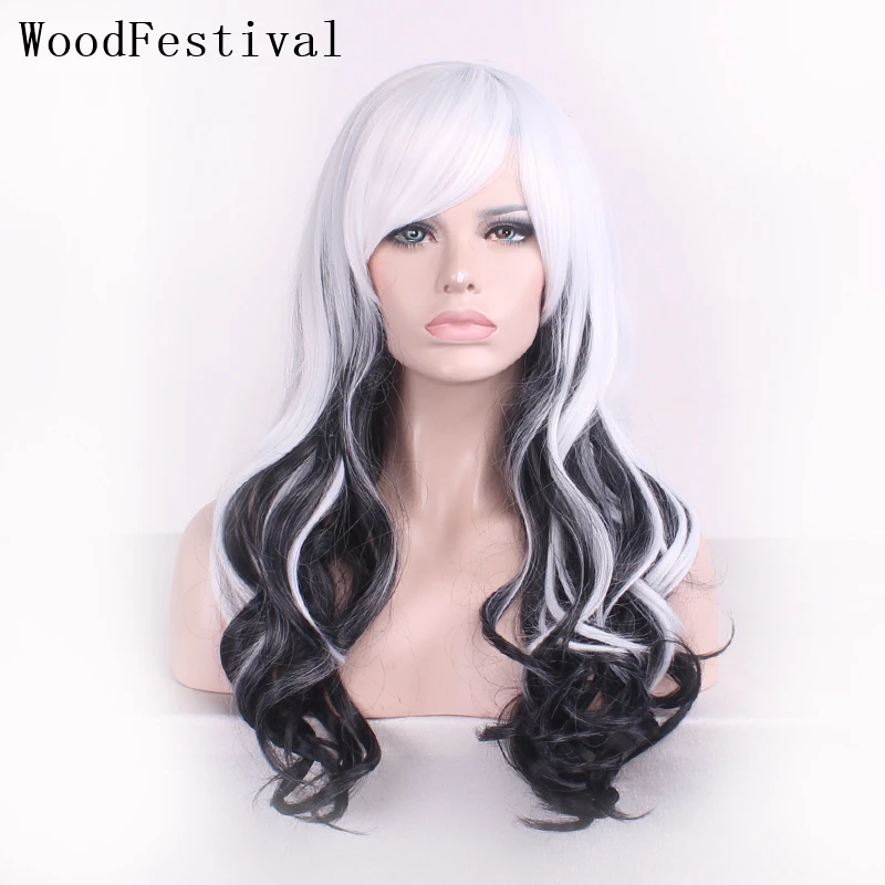 

WoodFestival Women Wigs Synthetic Hair Fibre Female Cosplay Wig With Bangs Pink Blonde Blue Purple Green Red Long Black White