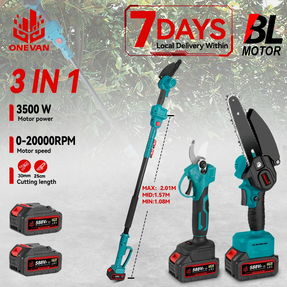 Sierra de Podar Telescópica 3 en 1 ONEVAN de 3500 W, Motosierra y Tijeras de Podar, Herramienta de Jardín con Poste Telescópico para Batería ONEVAN de 18 V