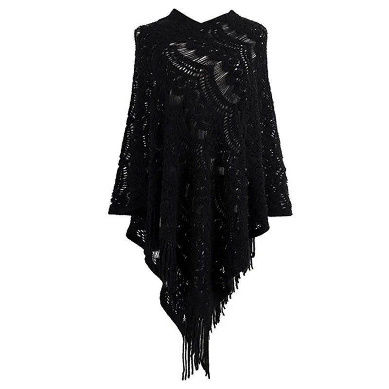 Sweater Female Daily Clothing Autumn New Women's Hook Flower Hollow Irregular Tassel Medium Long Cape Shawl Knitted Sweater
