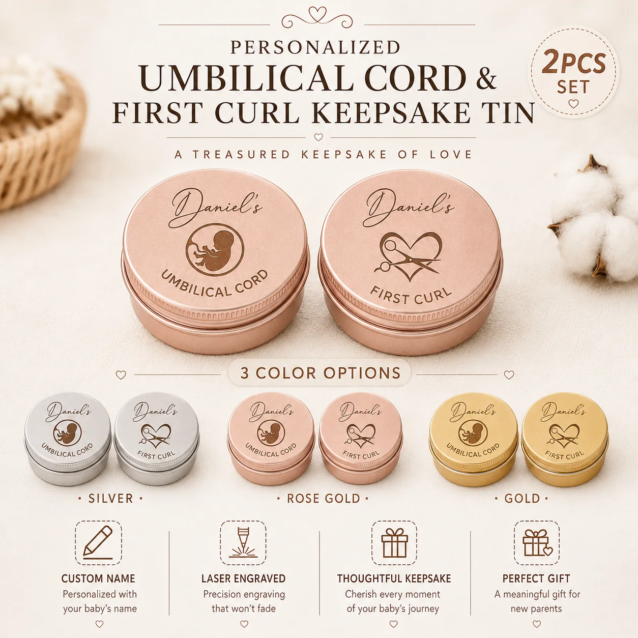 2Pcs Custom Personalized Engraved Keepsake Boxes, Can Be Engraved with Names and Dates, Suitable for Preserving Hair, Teeth, and Umbilical Cords/Vintage Scissor Design Box, Suitable for Baptism Gifts, New Parent Gifts, Father's Day Gifts, Birth Souvenir, Gift for New Parents, Pregnancy Gifts Etc view 5