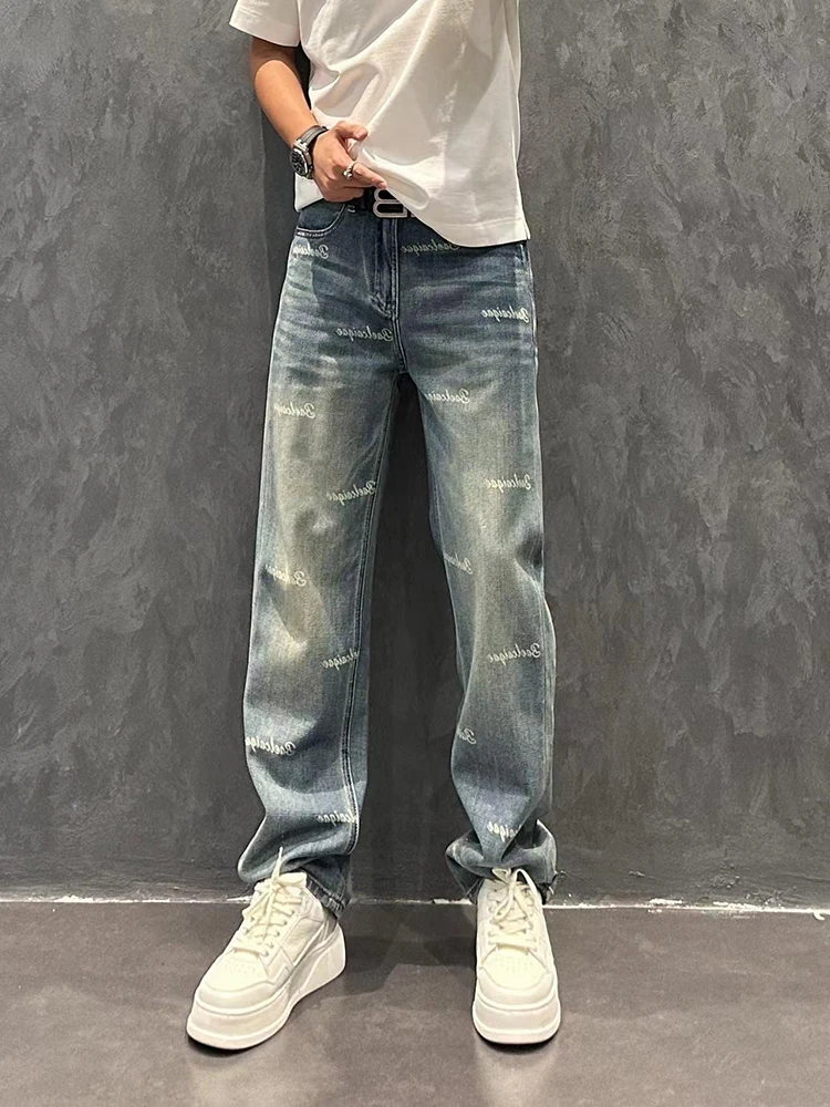 

Мужские джинсы Waed Blue прямого кроя, осень 2025, с буквенным принтом, свободные повседневные длинные брюки, модные, из хлопкового стрейч-денима