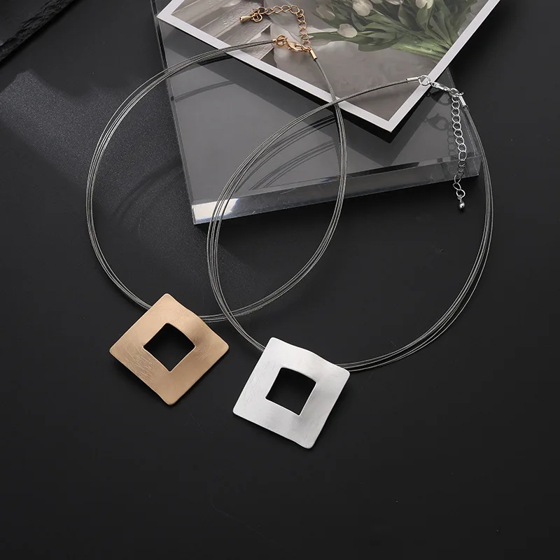 

Kaseakia Chunky Big Large Statement Square Hollow Metal Alloy Pendant Choker Necklace for Women