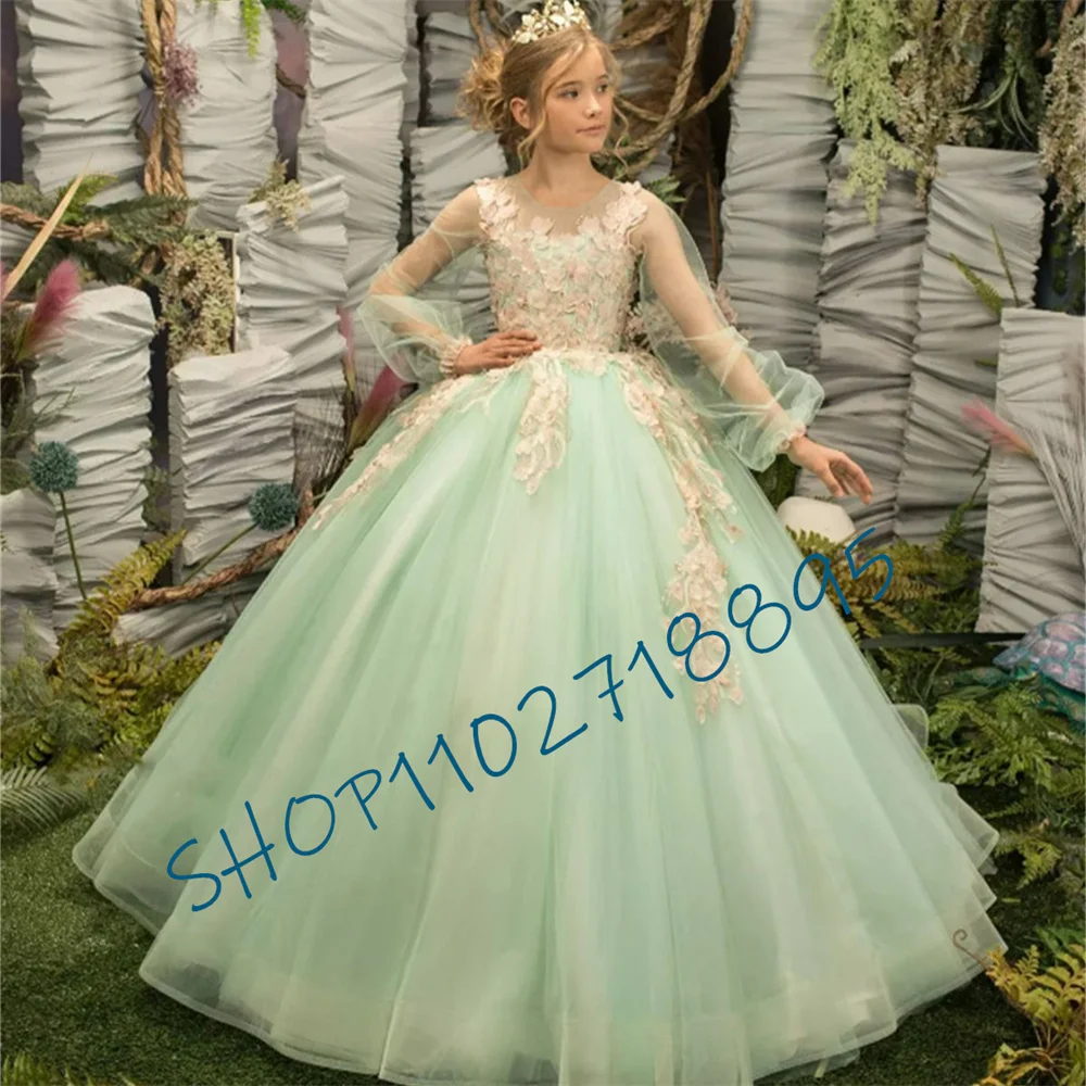 Vestido Menina Flor com Tule Verde e Chroma Applique, Fofo, Elegante, Criança, Primeira, Eucarística, Festa de Aniversário, Casamento