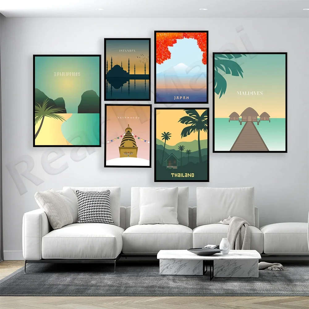 Philippines, Taj Mahal, Istanbul, Japan, Maldives, Oman, Dubai, Bali, Thailand, Nepal minimalist travel poster graphic design