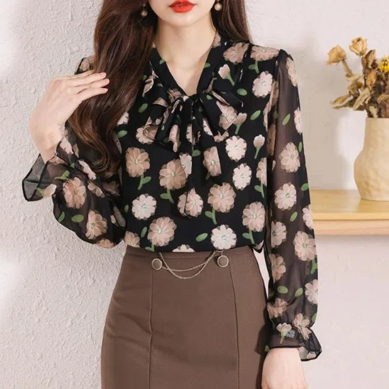 Korean Fashion Autumn Women V-Neck Ruffles Patchwork Lacing Temperament Office Lady Sweet Loose Long Sleeve Chiffon Shirt Tops