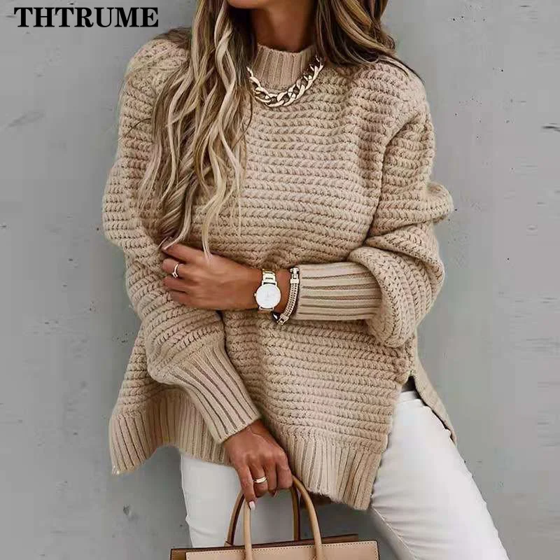 Women Knit Thick Pullovers Fashion Solid Color Autumn Winter Half High Collar Warm Sweater Casual Communte Long Sleeve Jumpers