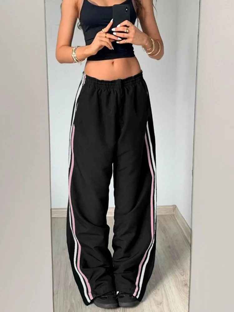 Deeptonw Y2k Vintage Streetwear High Waist Wide Leg Pants Women American Retro Grunge Hiphop Striped Patchwork Trousers 2024