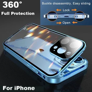Magnetische Metall -Snap -Lock -Hülle für iPhone, 360 ° Gesamtschutz, Doppel -Gesichtsglas, iPhone 15, 14 Pro Max, 16 Pro Plus, 13, 12, 11 12 Hauptverkäufe doppelte iPhone -Cover - №7