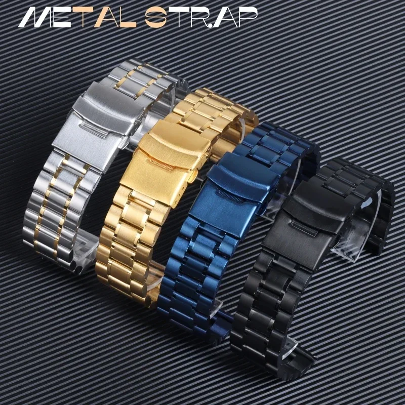 Stainless Steel Watch Strap 18mm 20mm 22mm 24mm Curved End Watch Band with Insurance Folding Buckle Metal Bracelet Accessories