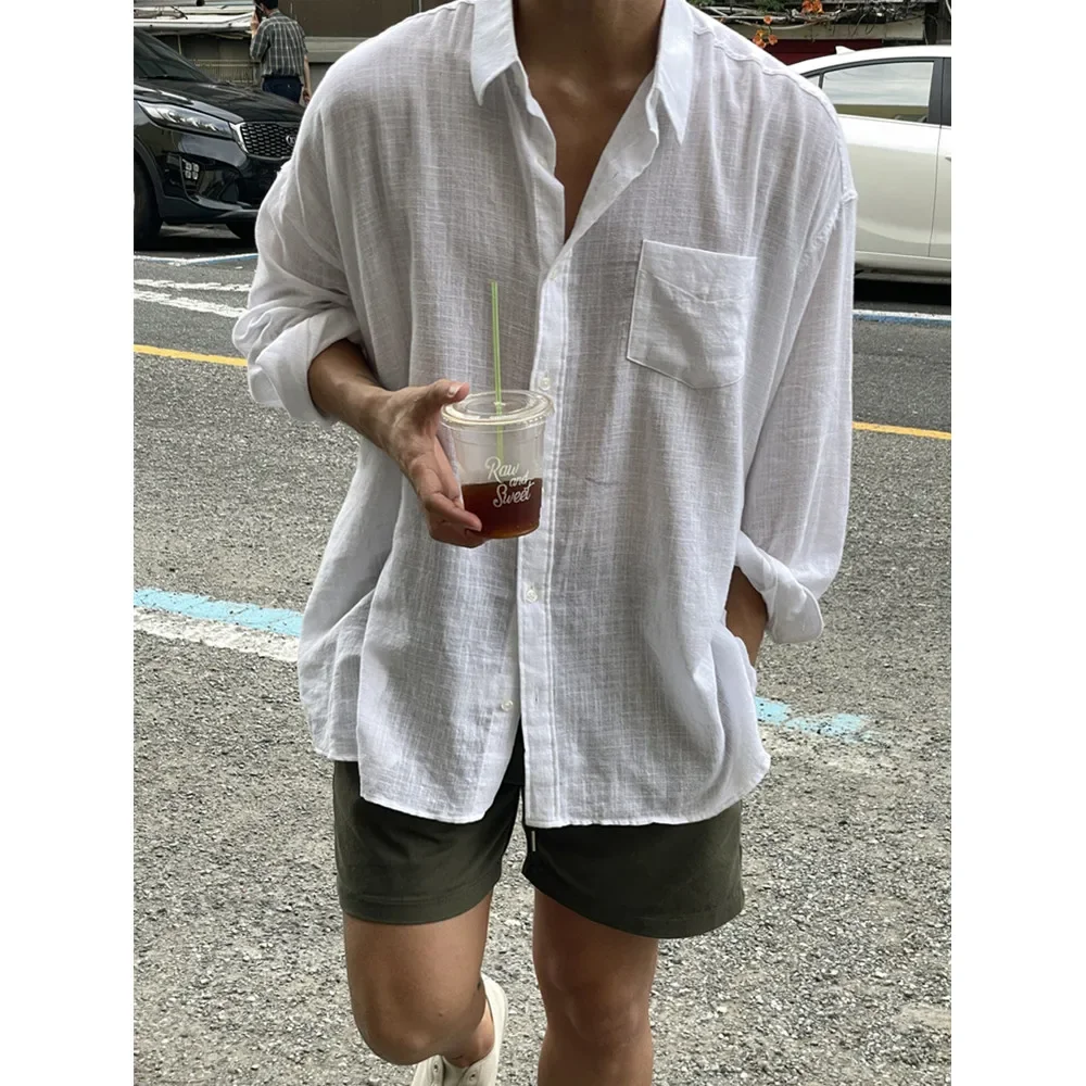 남성용 코튼 린넨 원단 셔츠, 얇은 코트, 통기성 셔츠, 캐주얼 루즈핏, 한국 스타일, 여름 신상
