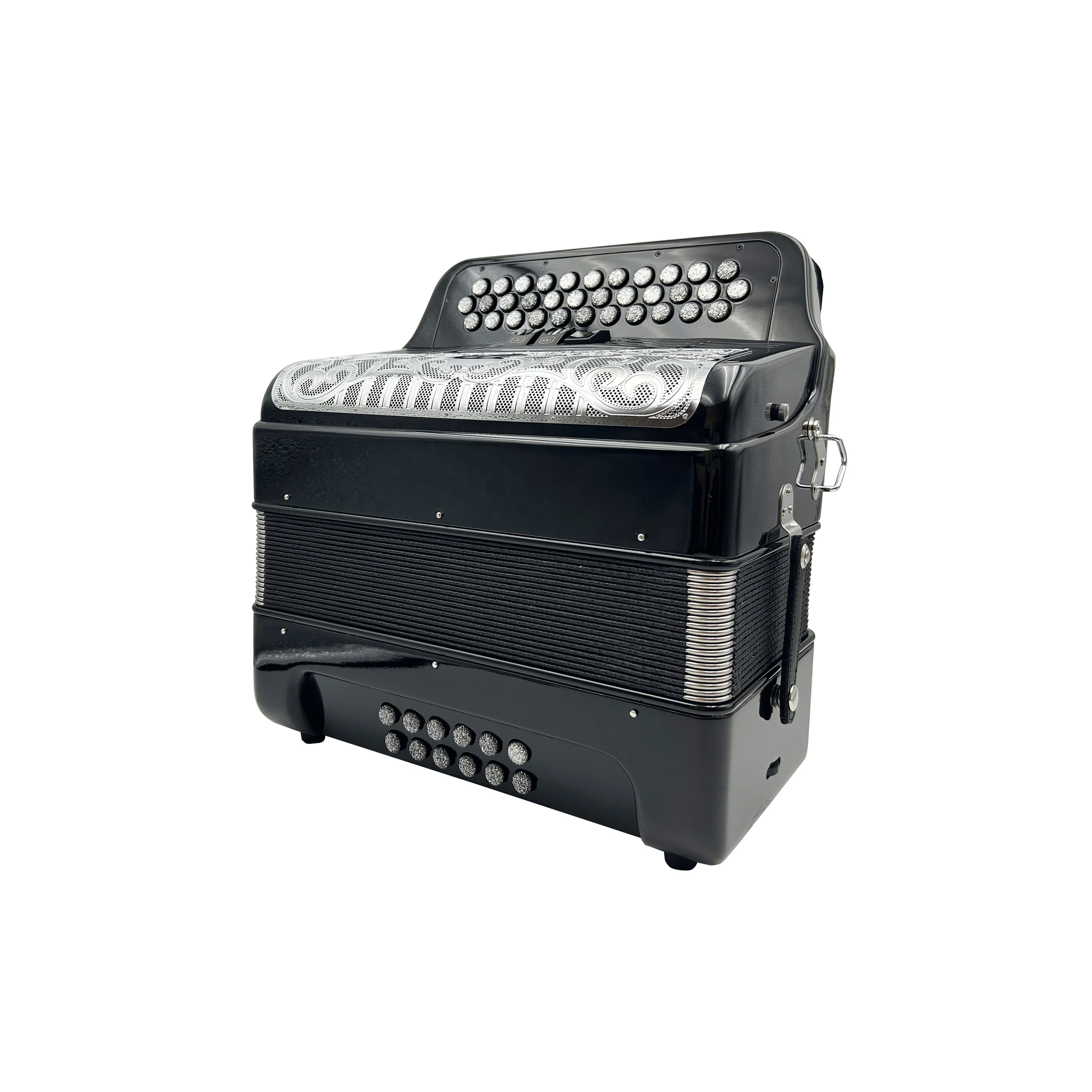 Professional Wood 12 Bass 34 Button 3 Register Bright Black Silver Grill Buttons Diatonic Accordion JB3412C
