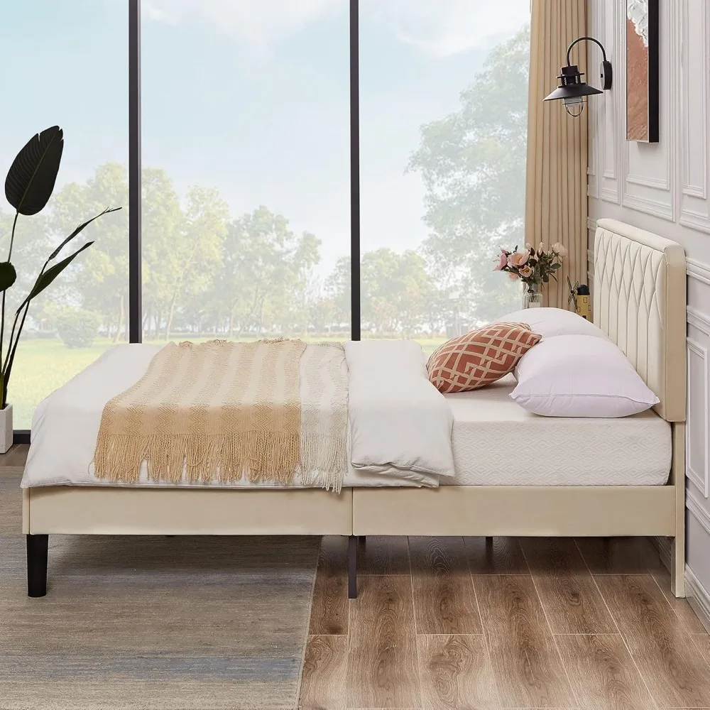 إطار سرير VECELO بحجم كوين، منصة منجدة مخملية ممتازة مع لوح أمامي/مرتبة قابلة للتعديل، خشب متين #5