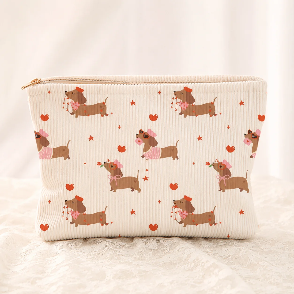 Cute Dachshund Corduroy Cosmetic Bag Large Zipper Makeup Pouch for Women Girls Travel Toiletry Organizer Pencil Case