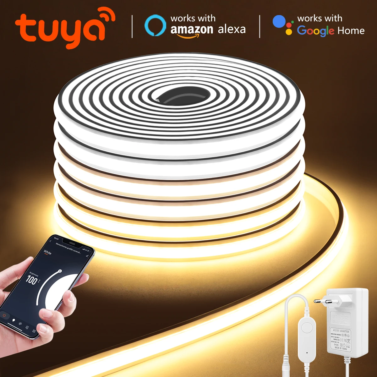 

Светодиодная лента Tuya Alexa WIFI COB, 280 светодиодов/м, с регулируемой яркостью, неоновая подсветка, водонепроницаемая, в силиконовой трубке, для декора кухни, комнаты, сада