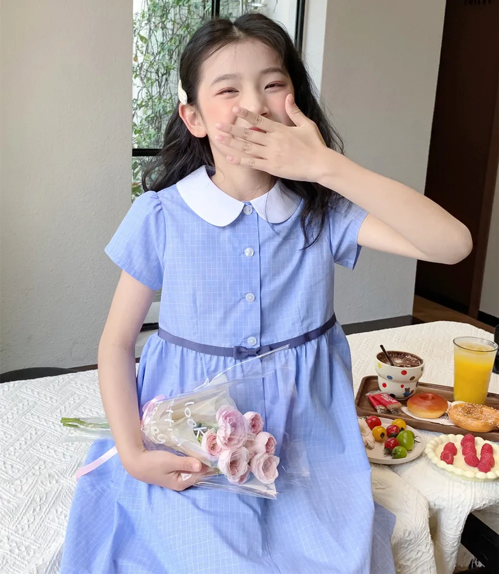 

Summer girls' dress kids girl clothes girls dresses Checkered pattern blue doll neck dress cotton Student style dress