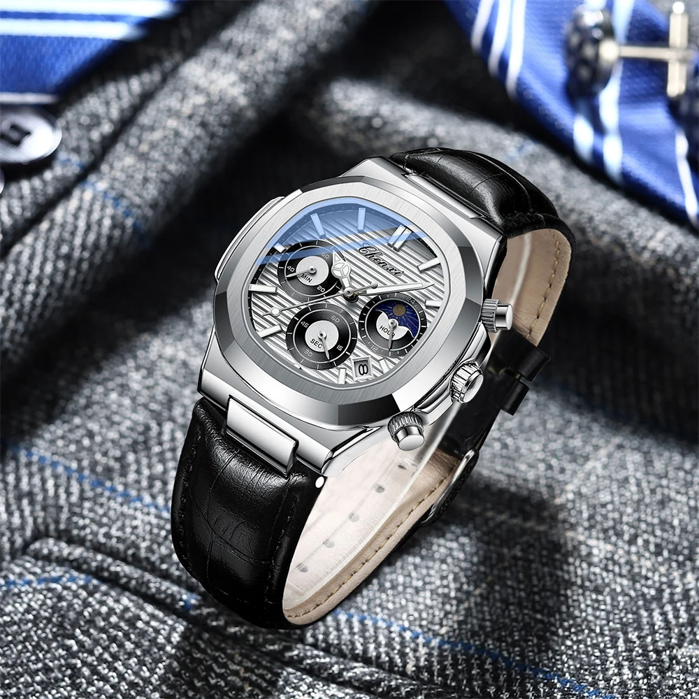 CHENXI montre-bracelet pour homme en cuir calendrier affichage de Phase de lune montre à Quartz lumineux étanche chronographe montres pour homme