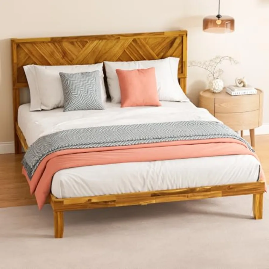 Wood Queen Bed Frame with Headboard Wooden Platform Bed Frame Queen Size Solid Acacia Wood Bed Frame Foundation with Wood Slat
