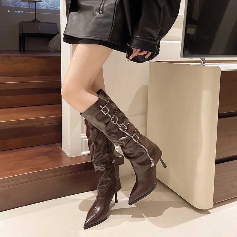 

Короткие сапоги до бедра на высоком каблуке с острым носком, женские осенние ботинки 2023, новые модные узкие модные ботинки на тонком каблуке в стиле ретро в стиле ретро