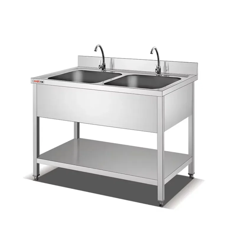 Stainless Steel Sink with Under Shelf Kitchen Work Table with Double Sink Bench Commercial Restaurant Luxury Tablewares