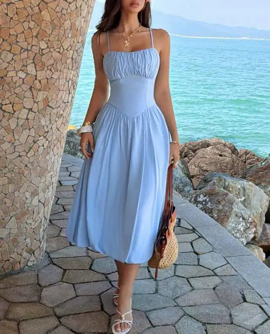 

Summer New Elegant and Sexy Vacation Style Solid Color Simple V-Neck Waistband Backless Sleeveless Women's Suspender Dress