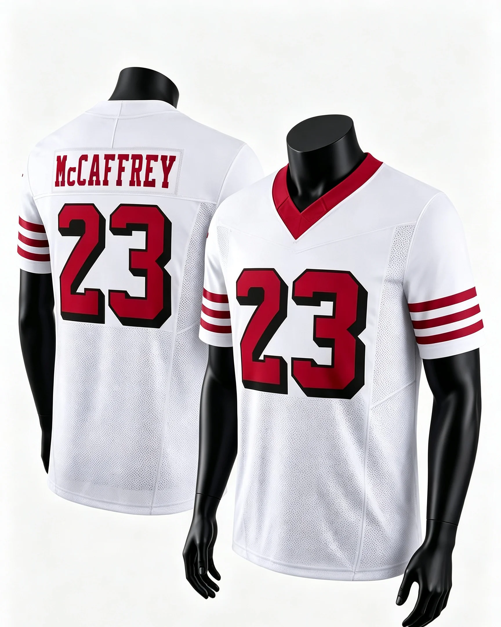 Men #23 McCaffrey Red Home Football Jersey Name Number Three Striped Sleeve V Neck Breathable Athletic Fan Game Family Matching